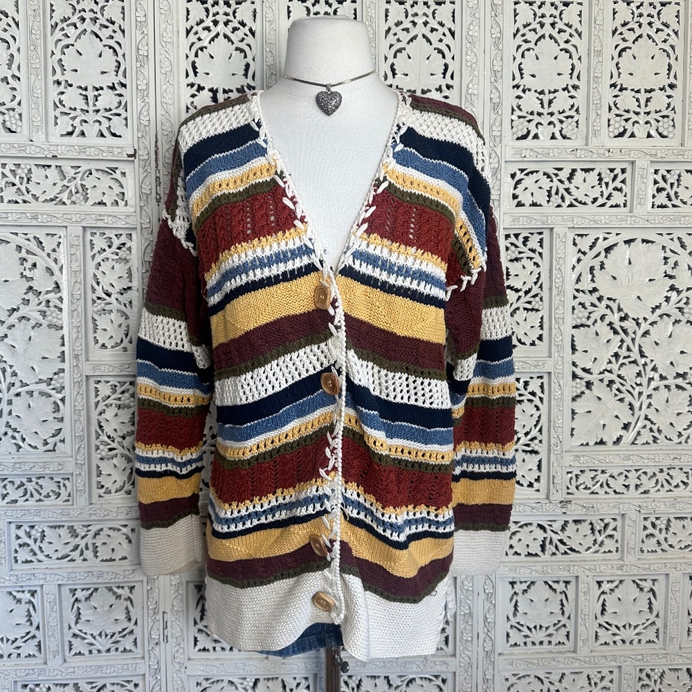 Vtg Marsh Landing Hand Knit Chunky Colorful Artsy‎ Grannycore Cardigan Sz Small